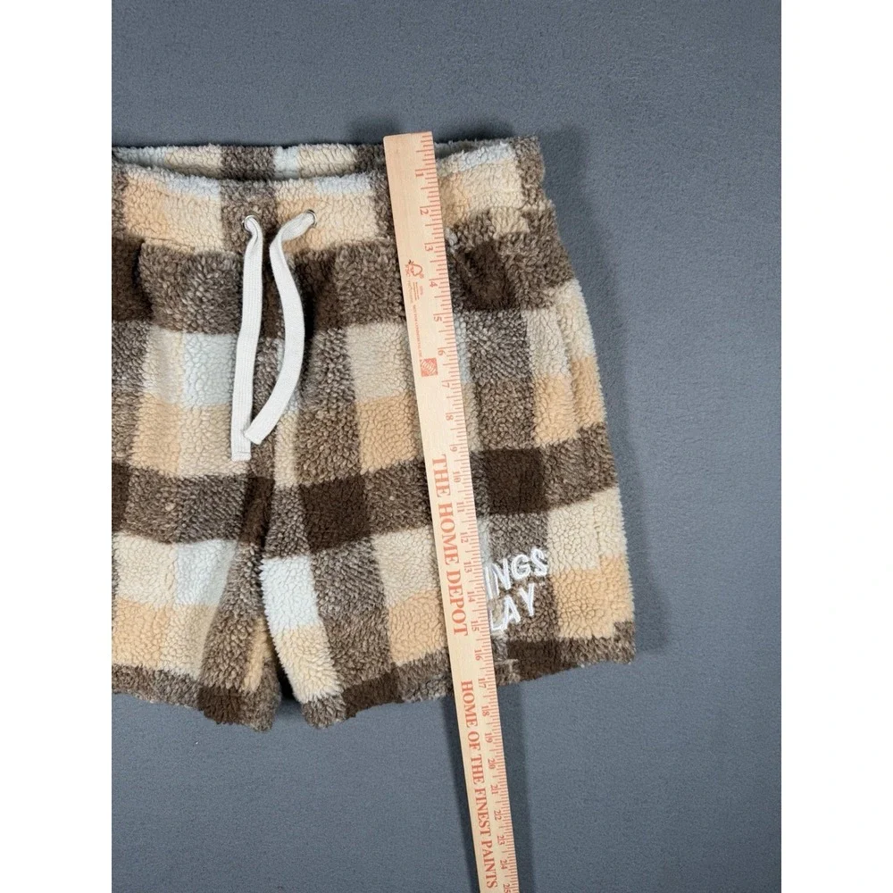 Kings Play Cozy Fleece Sherpa Shorts Plaid Checkered Brown Cream Drawstring M